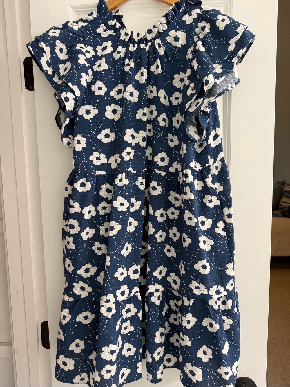 THML Navy Blue Floral Ruffle-Sleeve Dress